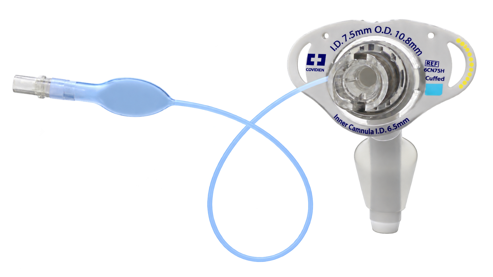 Cuffed Shiley tube with printed flange markings: I.D. 7.5 mm, O.D. 10.8 mm, inner cannula I.D. 6.5 mm, REF 6CN75H and Cuffed.
