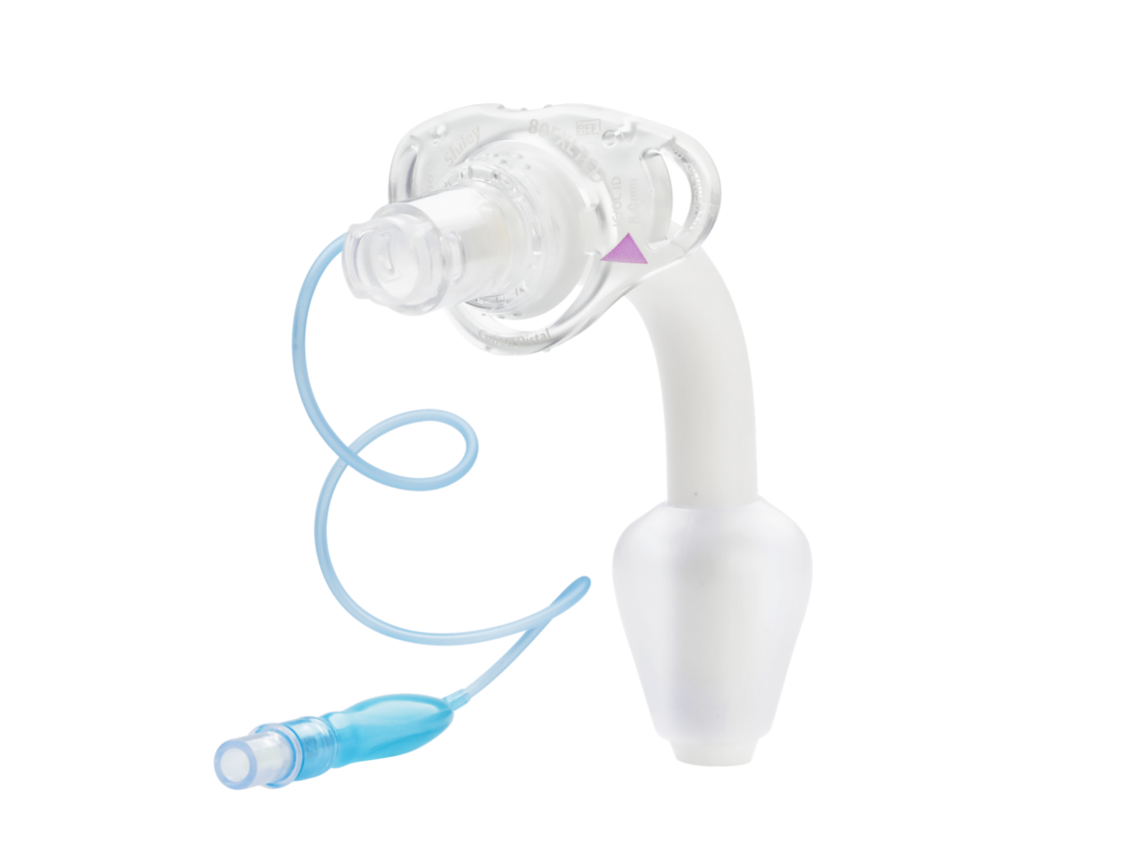 Cuffed Shiley Flexible XLT with cuff around the tube, looping inflation line, blue pilot balloon and inflation valve.