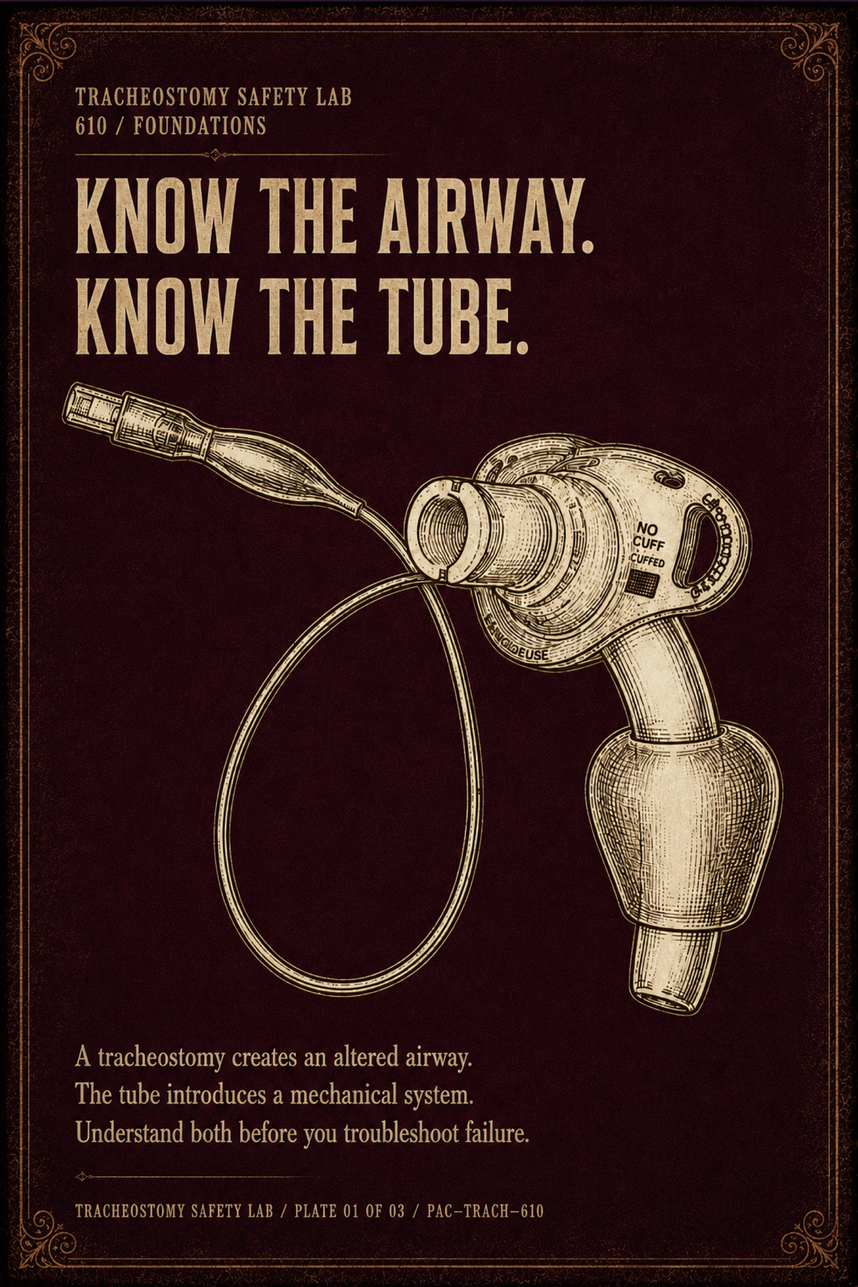 Burgundy and gold antique-style poster: Know the airway. Know the tube. An engraved tracheostomy tube fills the complete portrait composition.