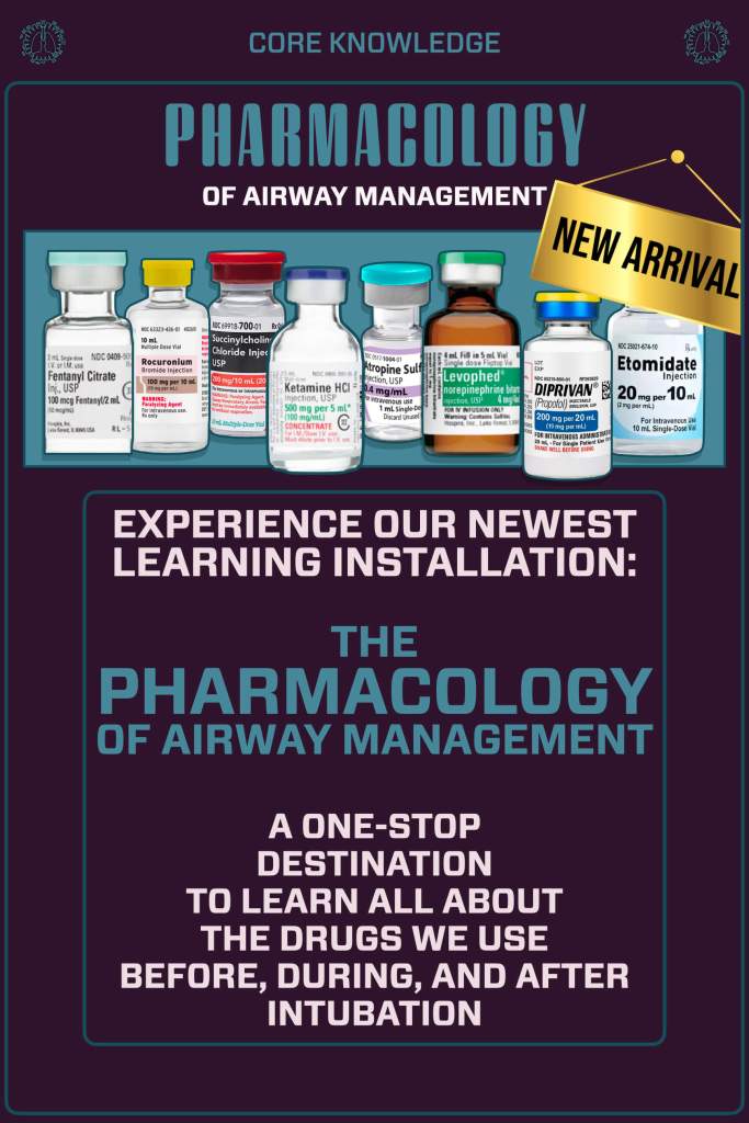 A poster featuring various medication vials related to airway management, including drug names like Fentanyl, Ketamine, and Etomidate. The title reads 'Pharmacology of Airway Management' with a note indicating it's a 'New Arrival'.