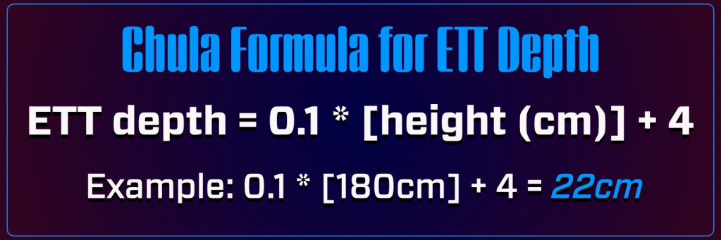 Chula Formula for ETT Depth, showing the equation ETT depth = 0.1 * [height (cm)] + 4, with an example calculation for a height of 180cm resulting in a depth of 22cm.