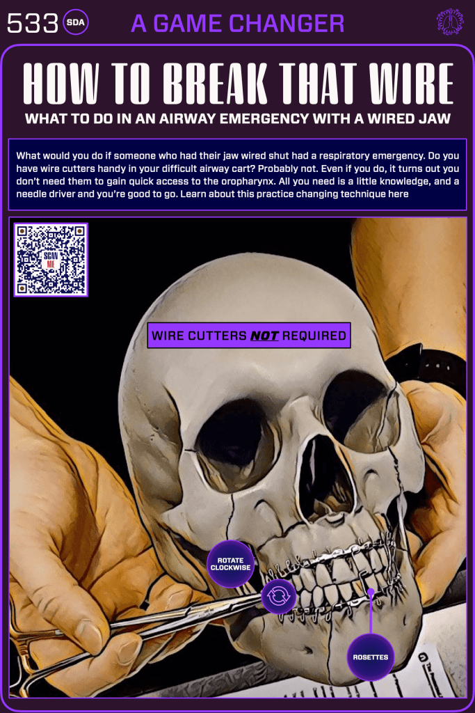 An educational graphic showing a human skull with surgical instruments, demonstrating a technique for handling airway emergencies involving a wired jaw, with annotated instructions on how to use the tools.