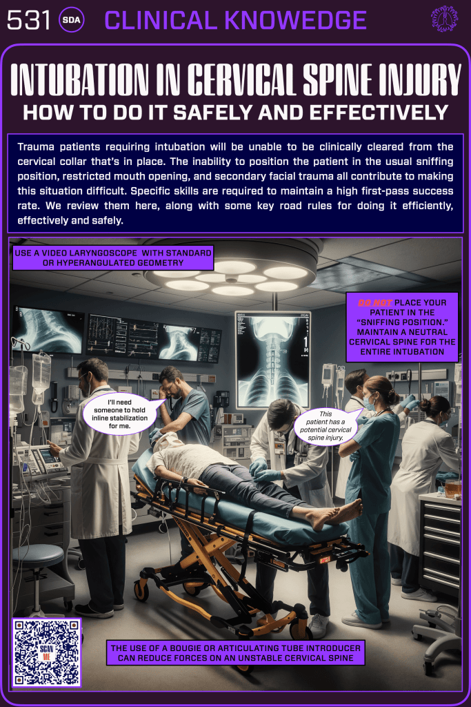 A medical team is preparing to intubate a patient with a potential cervical spine injury, emphasizing the importance of proper stabilization and technique. A visual instruction panel is shown with do's and don'ts for safe intubation.