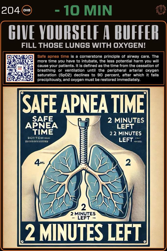 Illustration of human lungs with a focus on safe apnea time, showing countdowns and key information about oxygen saturation.