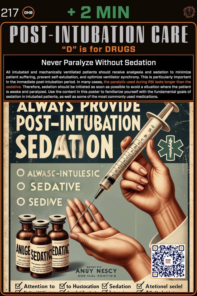 A vintage-style educational poster on post-intubation care emphasizing the importance of sedation before paralysis, featuring medical graphics and labeled medication bottles.