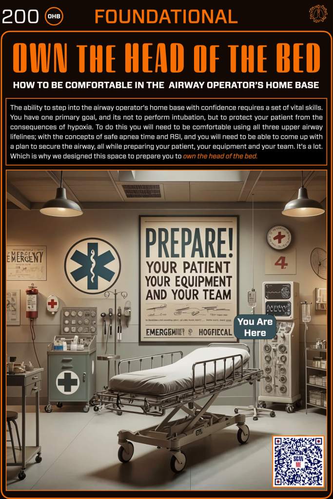 A medical training poster titled 'Own the Head of the Bed,' featuring a hospital scene with a hospital bed, medical equipment, and an instructional message emphasizing the importance of preparing patients and equipment in airway management.