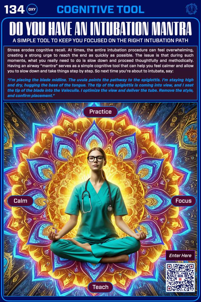 A visual aid titled 'Do You Have an Intubation Mantra' featuring a calm healthcare professional in scrubs meditating amidst a colorful mandala background. The image highlights key concepts: Practice, Calm, Focus, and Teach, along with instructional text on improving the intubation process.