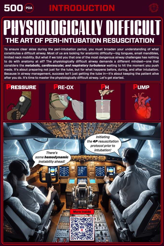 An educational poster titled 'Physiologically Difficult: The Art of Peri-Intubation Resuscitation.' It features a cockpit scene with two pilots, along with various medical elements such as pressure, pre-oxygenation, pH, and pump, highlighting the challenges of managing difficult airways during intubation.