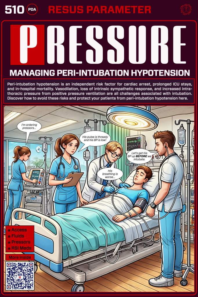 Illustration of healthcare professionals in a hospital setting, discussing the care of a patient on a hospital bed, focusing on managing peri-intubation hypotension.