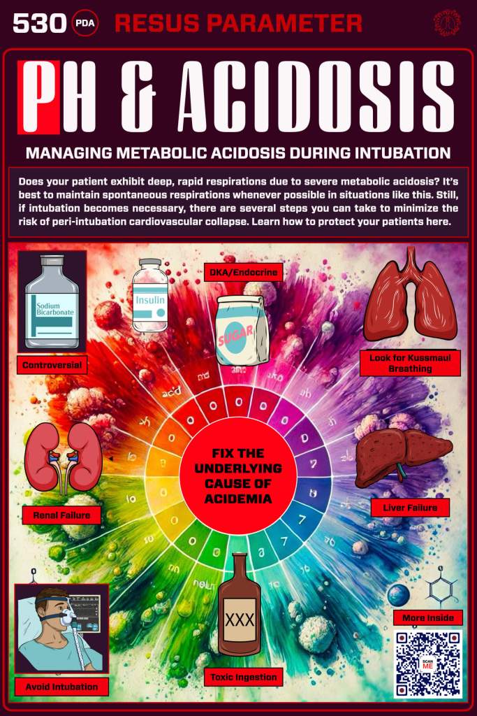 Infographic on managing metabolic acidosis during intubation, featuring color-coded sections, medical symbols, and key recommendations.