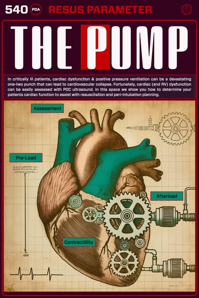 Illustration of a heart featuring gears and labels for assessment, preload, contractility, and afterload, emphasizing cardiac function in critically ill patients.