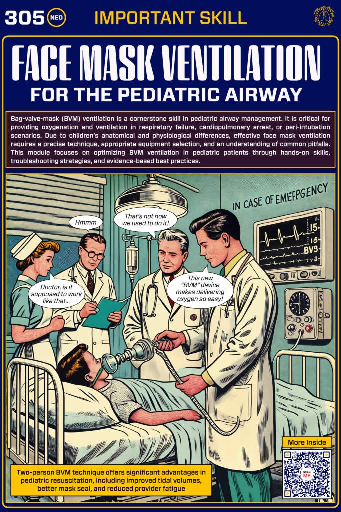 An educational poster illustrating the importance of face mask ventilation in pediatric airway management, featuring characters discussing techniques and equipment in a clinical setting.