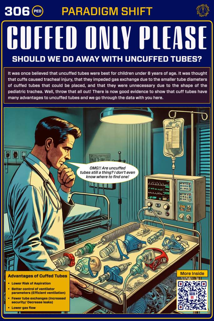 Illustration of a medical professional examining a variety of airway management devices, emphasizing the topic of cuffed versus uncuffed endotracheal tubes for pediatric patients, with informative text prominently displayed.