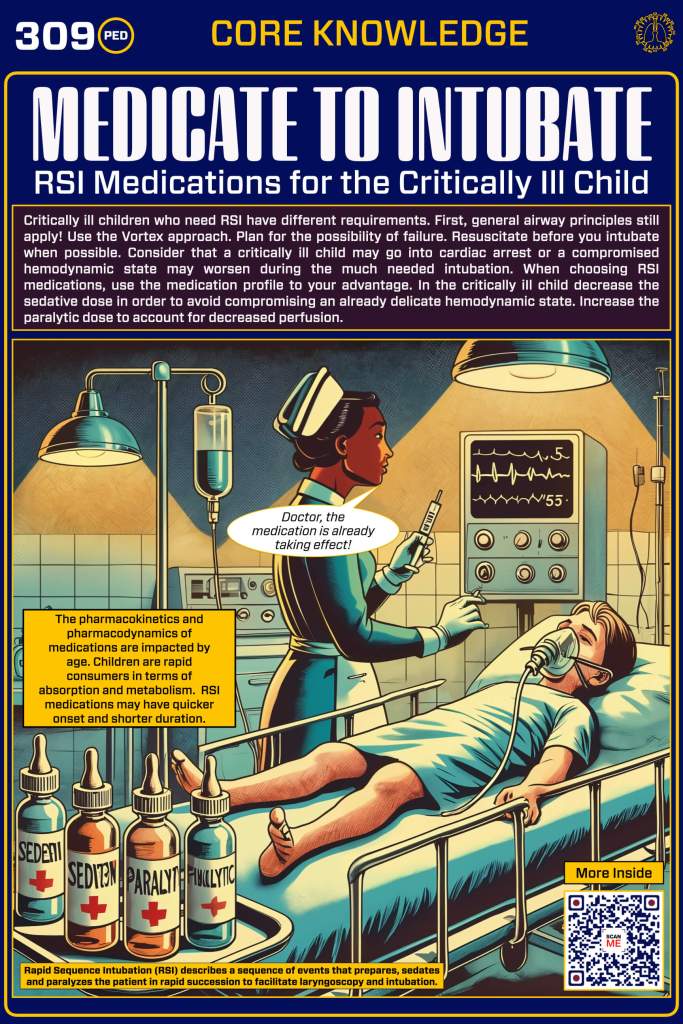 Illustration for pediatric emergency care showing a healthcare worker administering medication to a critical child in a hospital setting. The child is connected to medical equipment and receiving oxygen, while the healthcare worker expresses confidence about the effect of the medication.