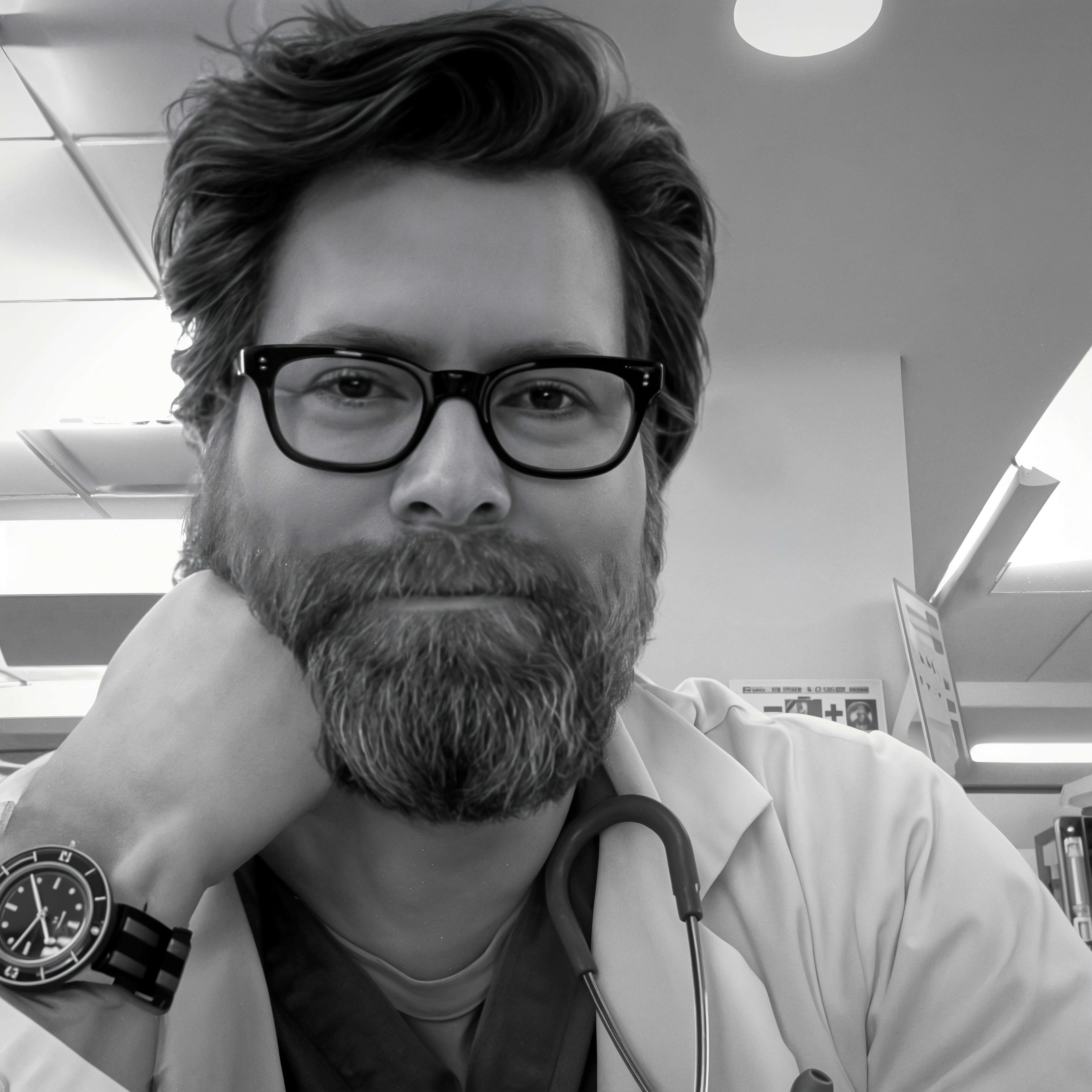 A close-up portrait of a smiling male healthcare professional with glasses and a beard, wearing a white coat and stethoscope, in a clinical setting.