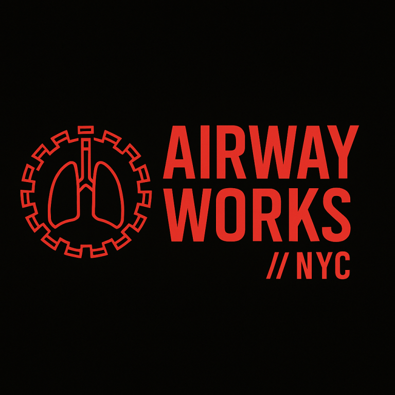 Logo for Airway Works NYC featuring a lung graphic and the text 'AIRWAY WORKS // NYC' in bold red letters on a black background.