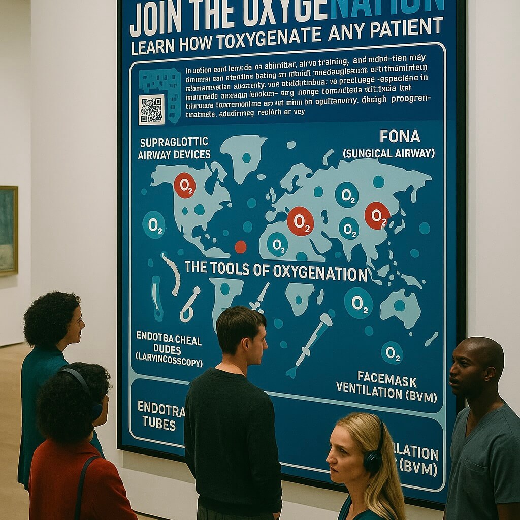 A group of three people, two women and one man, are observing a large educational poster titled 'JOIN THE OXYGENATION. LEARN HOW TOXYGENATE ANY PATIENT.' The poster displays various airway devices and oxygenation tools on a world map. The surroundings suggest an indoor gallery or training space.