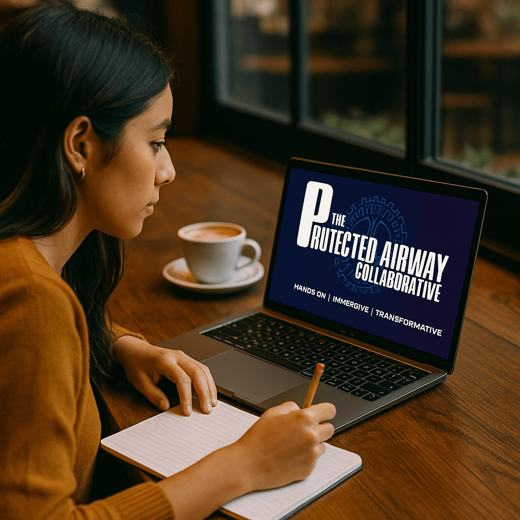 A woman engaging in online learning at a café, taking notes while looking at a laptop displaying the logo of The Protected Airway Collaborative.