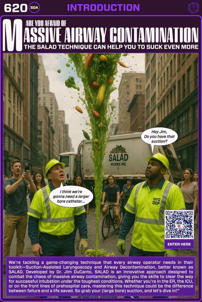 A humorous poster illustrating the 'SALAD' technique for airway management, featuring two concerned men in work uniforms staring at a large, messy green salad overflowing, suggesting the need for a larger suction tool. The background shows a city street with bystanders watching.