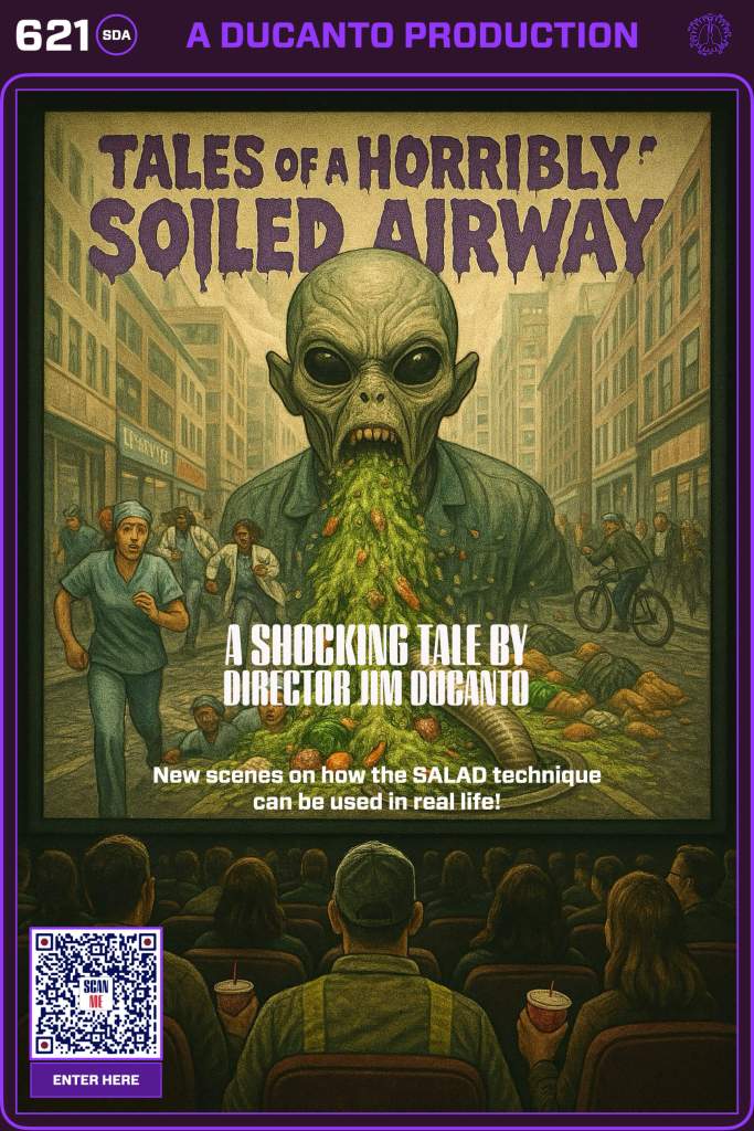 A poster illustrating a fictional movie titled 'Tales of a Horribly Soiled Airway,' featuring an alien figure spewing a green substance in a city setting, with an audience watching in a theater.