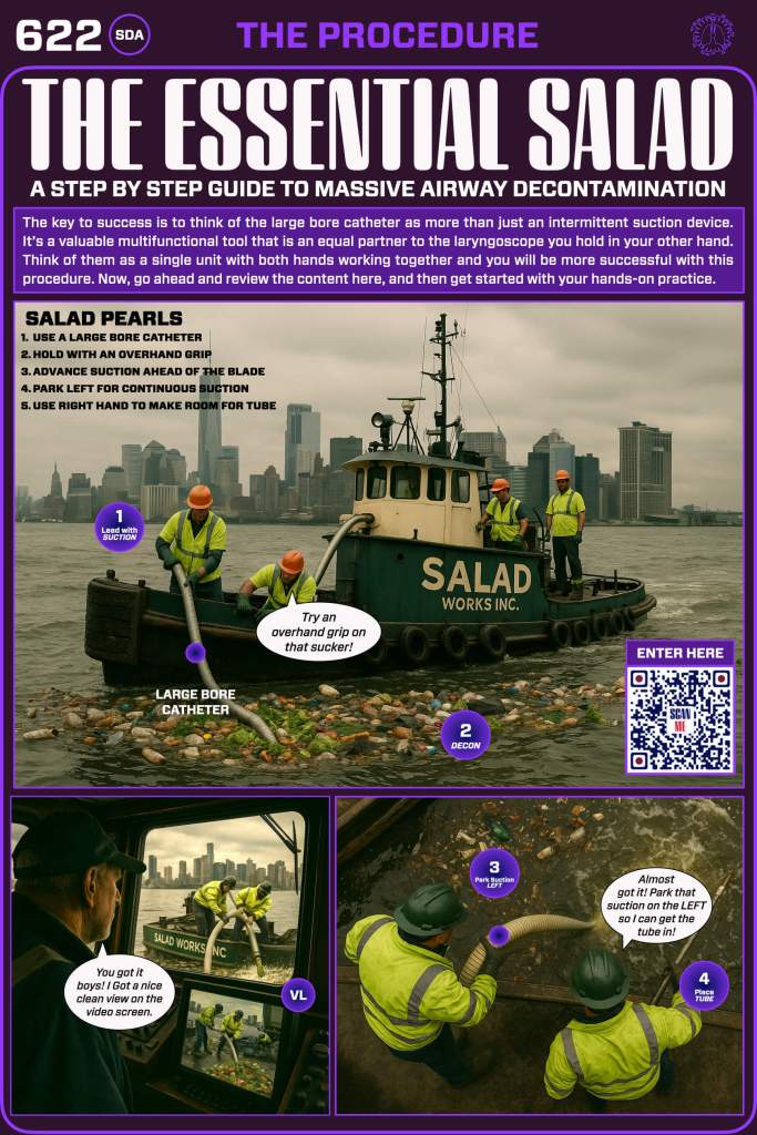 An educational infographic titled 'The Essential SALAD,' detailing a step-by-step guide to massive airway decontamination. It features images of a rescue boat with workers using large bore catheters to clear debris, accompanied by instructions on proper technique and suctioning methods.