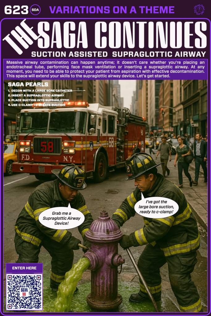 A graphic depicting two firefighters discussing the need for a supraglottic airway device and the use of a large-bore suction catheter. In the background, a fire truck is visible, and a fire hydrant with green liquid is prominently featured.