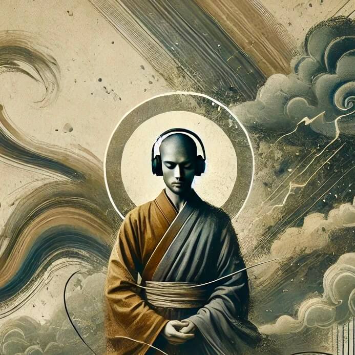 A stylized representation of a meditative figure dressed in traditional robes, wearing headphones, surrounded by abstract lines and clouds, symbolizing tranquility and focus.