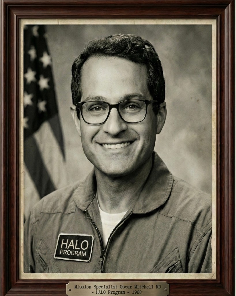 Portrait of a mission specialist in a flight suit, wearing glasses and smiling, with the American flag in the background. The plaque below reads 'Mission Specialist Oscar Mitchell MD - HALO Program - 1968'.