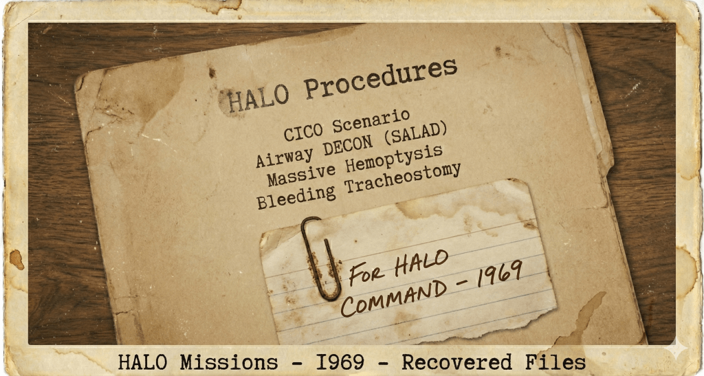 A weathered document titled 'HALO Procedures' with subheadings for CICO Scenario, Airway DECON (SALAD), Massive Hemoptysis, and Bleeding Tracheostomy, marked for HALO Command 1969.
