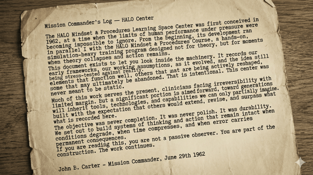 An aged piece of paper displaying a mission commander's log from the HALO Center, detailing insights related to human performance under pressure and the development of training programs. The document reflects on evolution, technologies, and the ongoing nature of work in this field, dated June 29th, 1962.