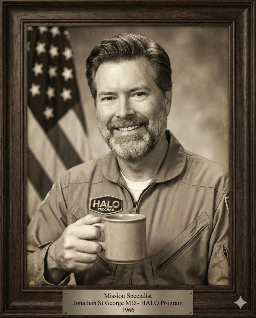 A framed portrait of a man with a beard, smiling and holding a mug, wearing a flight suit with a 'HALO PROGRAM' patch, in front of an American flag.