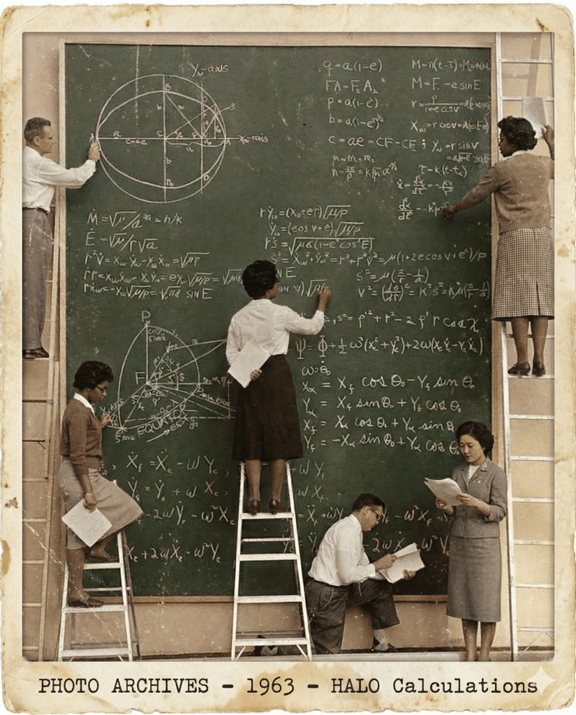 Group of people engaged in calculations, standing by a chalkboard filled with mathematical equations and diagrams, dated 1963.