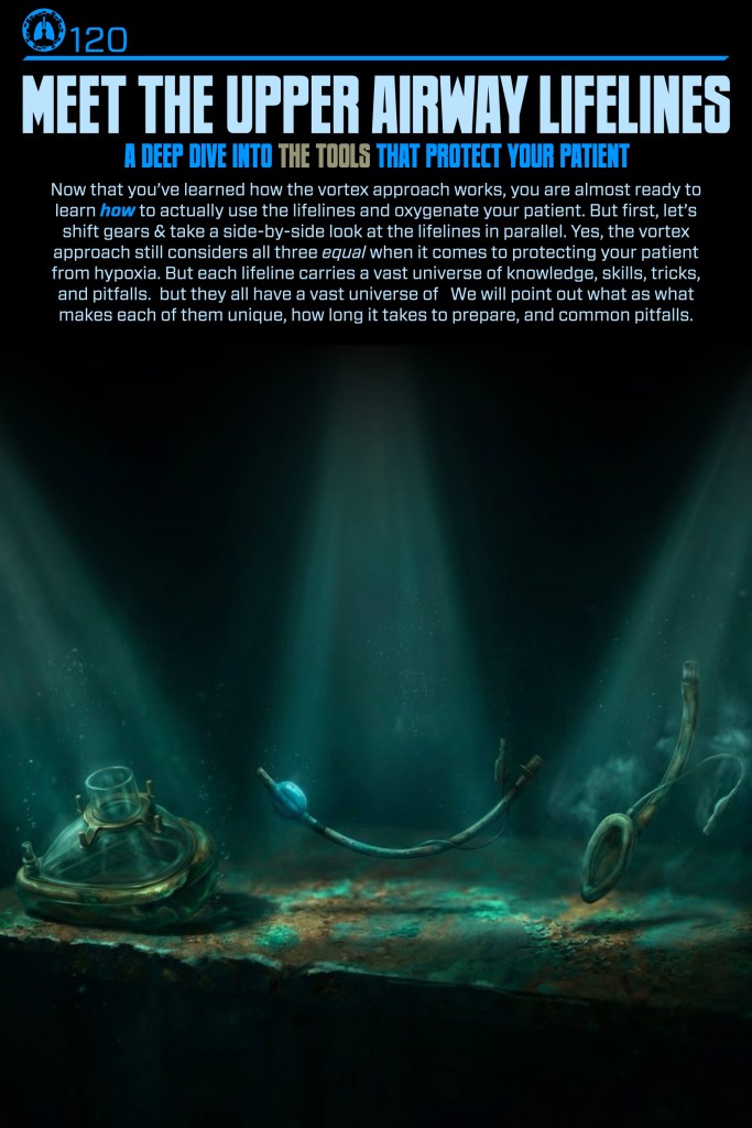 An artistic representation of medical airway tools submerged in water, showcasing a mask, tubes, and other equipment surrounded by light beams, symbolizing their importance in patient care.