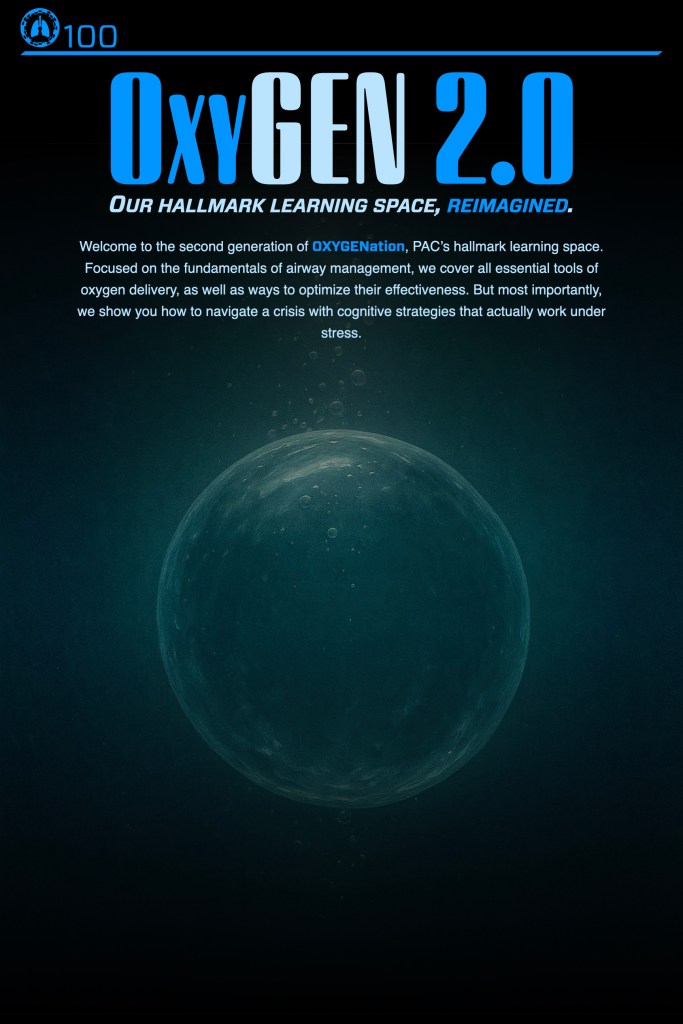A digital poster for OxyGEN 2.0, featuring a large air bubble in dark water, with text introducing a learning space focused on airway management and cognitive strategies for crisis navigation.