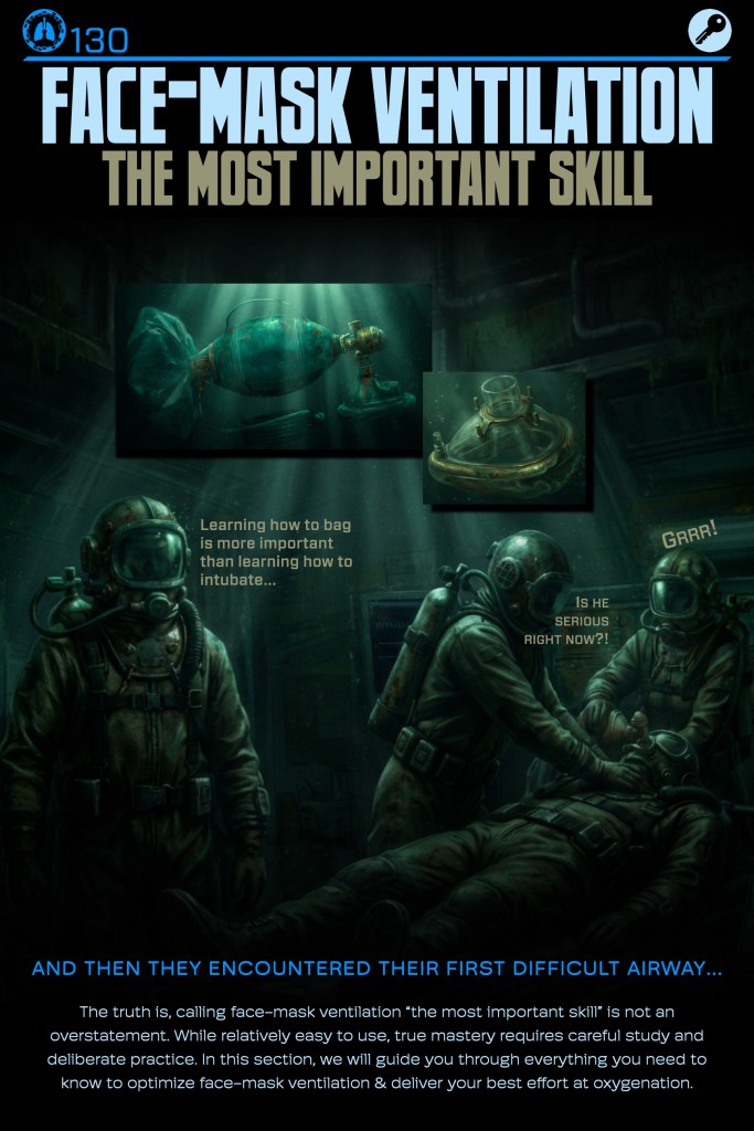 Illustration about face-mask ventilation highlighting its importance in medical scenarios. Depicts two medical professionals in diving suits with a patient, emphasizing the necessity of mastering ventilation techniques.