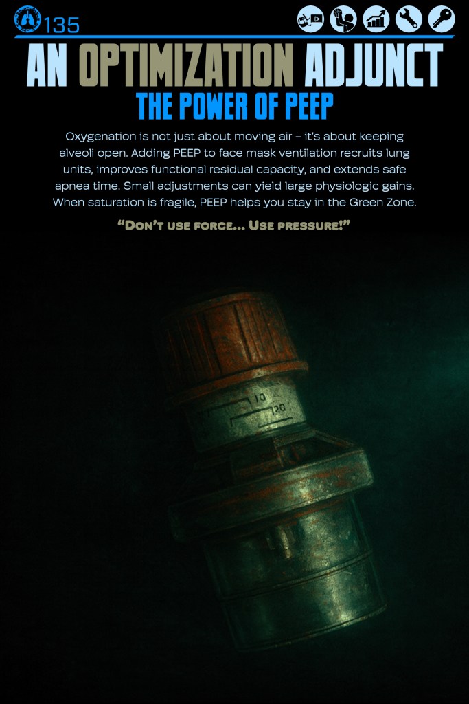 A close-up of a vintage ventilation device with a red knob, featuring pressure measurement markings and a dark, moody background. Text overlay discusses the importance of PEEP in oxygenation and lung capacity.
