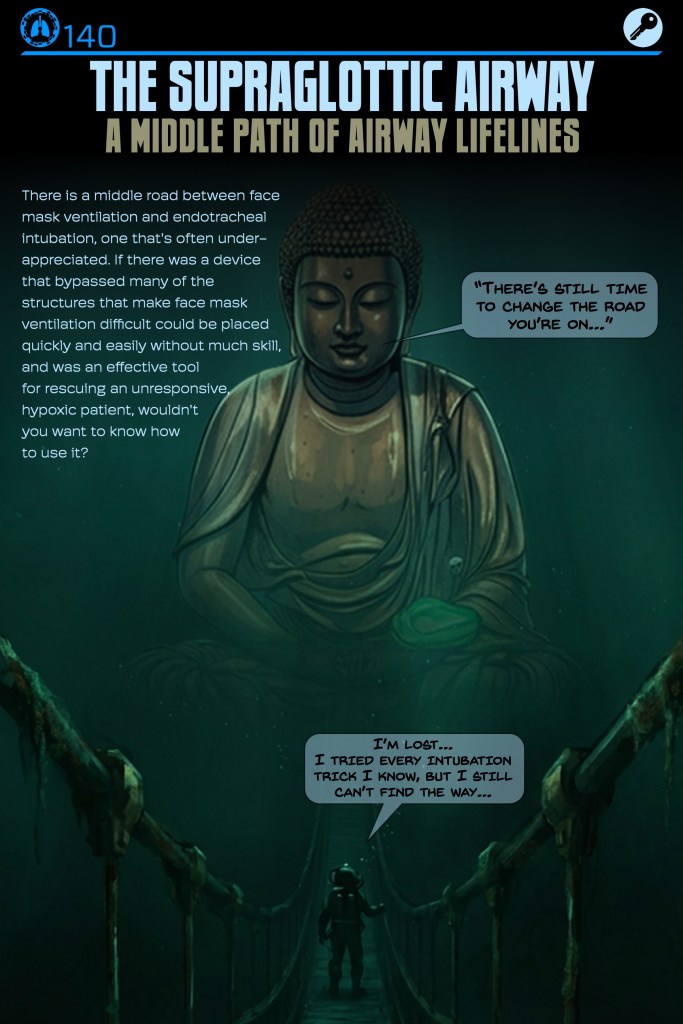 An illustration depicting an underwater scene featuring a large Buddha statue and a figure in scuba gear feeling lost, with speech bubbles expressing confusion about airway management.