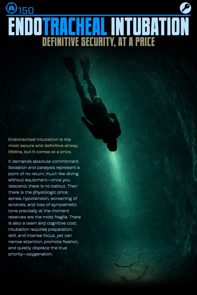 A silhouette of a person swimming underwater, surrounded by blue light, with the text 'Endotracheal Intubation: Definitive Security, at a Price' overlaying the image.