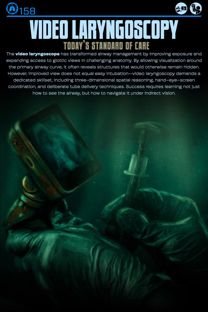 An instructional graphic about video laryngoscopy, featuring a close-up of a hand holding a video laryngoscope, highlighting its importance in airway management and visualization during intubation.