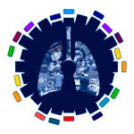 An illustration featuring a stylized pair of lungs at the center, surrounded by a circular array of colorful blocks and various medical imagery in shades of blue.