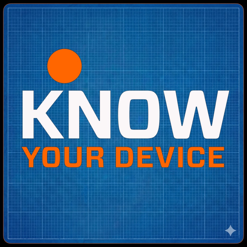 Graphic with a blue background featuring the text 'KNOW YOUR DEVICE' in bold white and orange letters, along with an orange circle above the word 'KNOW'.