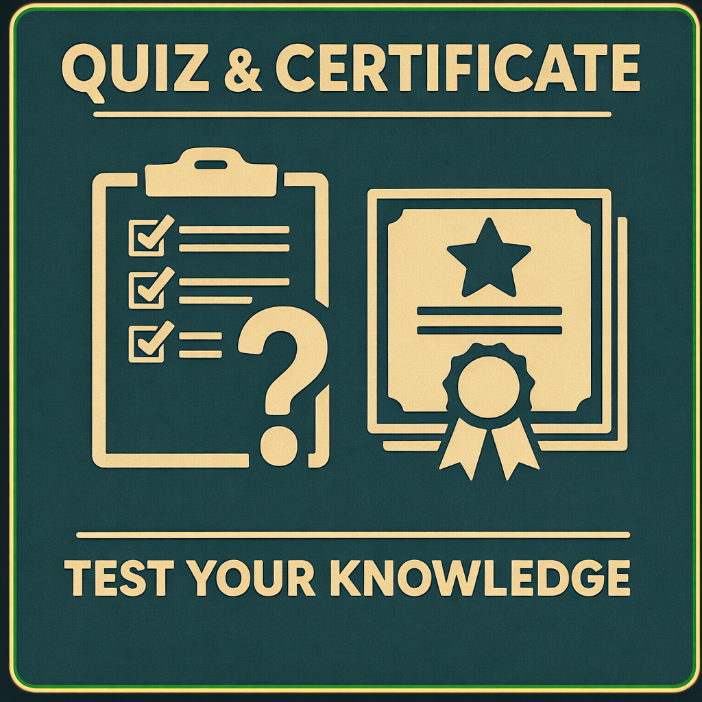 Illustration of a quiz checklist and a certificate with a star, featuring the text 'QUIZ & CERTIFICATE' and 'TEST YOUR KNOWLEDGE'.