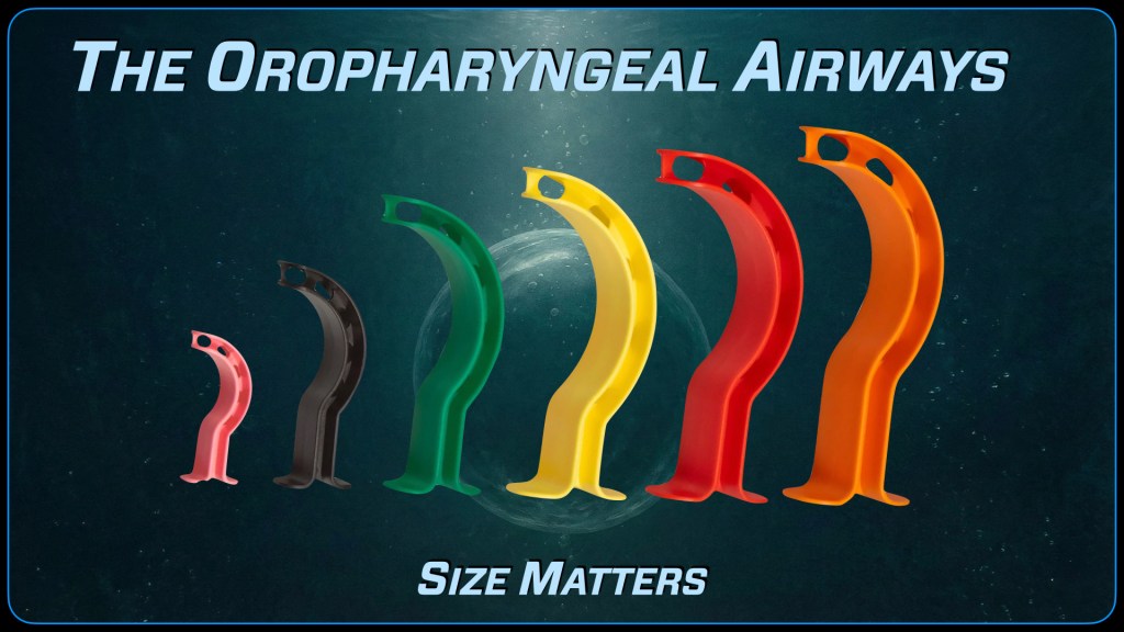 A visual representation of various sizes of oropharyngeal airways, displaying six differently colored airway devices arranged in a row, labeled with the title 'The Oropharyngeal Airways' and the phrase 'Size Matters' at the bottom.