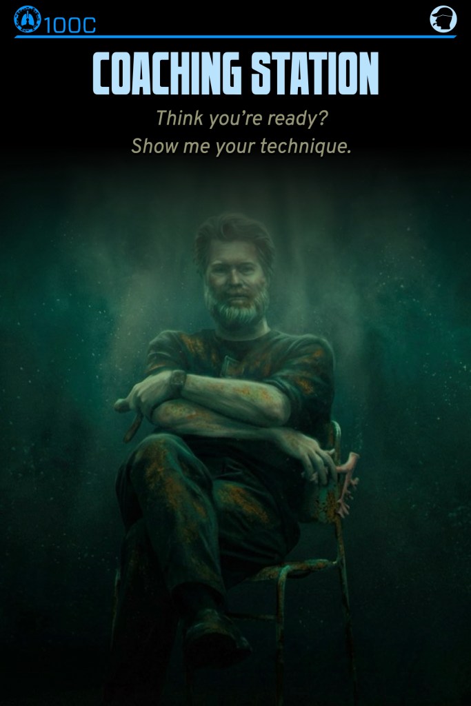 An illustration of a man sitting in a chair, arms crossed, with a thoughtful expression. The background features a dark, underwater theme with hints of bubbles and light, emphasizing a coaching or training scenario.