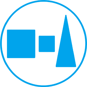 An abstract blue icon featuring a rectangle, a smaller rectangle, and a triangle arranged in a circular design.