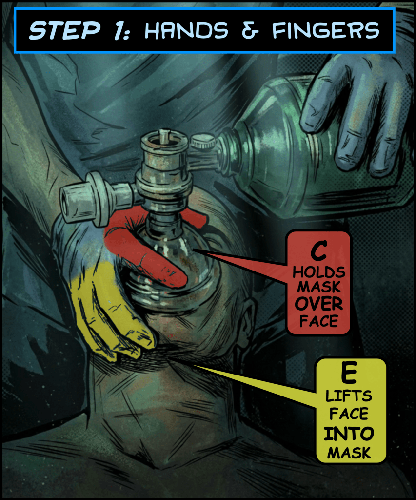 An illustration depicting the first step of a procedure focusing on hands and fingers, showing a person holding a mask over another person's face and lifting their face into the mask.
