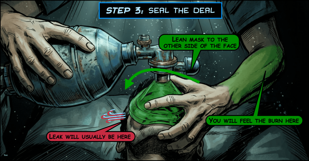 An illustration showing the steps to properly handle a mask and gas canister. The image highlights the importance of sealing the mask correctly with instructions pointing to specific areas of potential leaks and sensations during use.