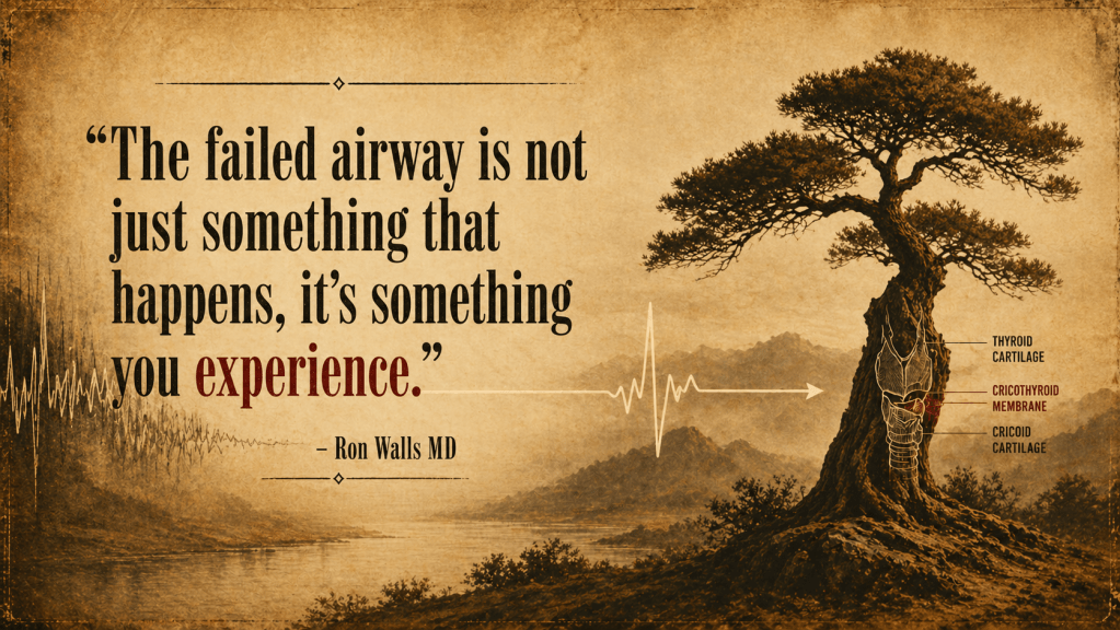 An artistic illustration featuring a tree with anatomical features resembling the human airway, alongside a quote by Ron Walls MD about the experience of a failed airway.