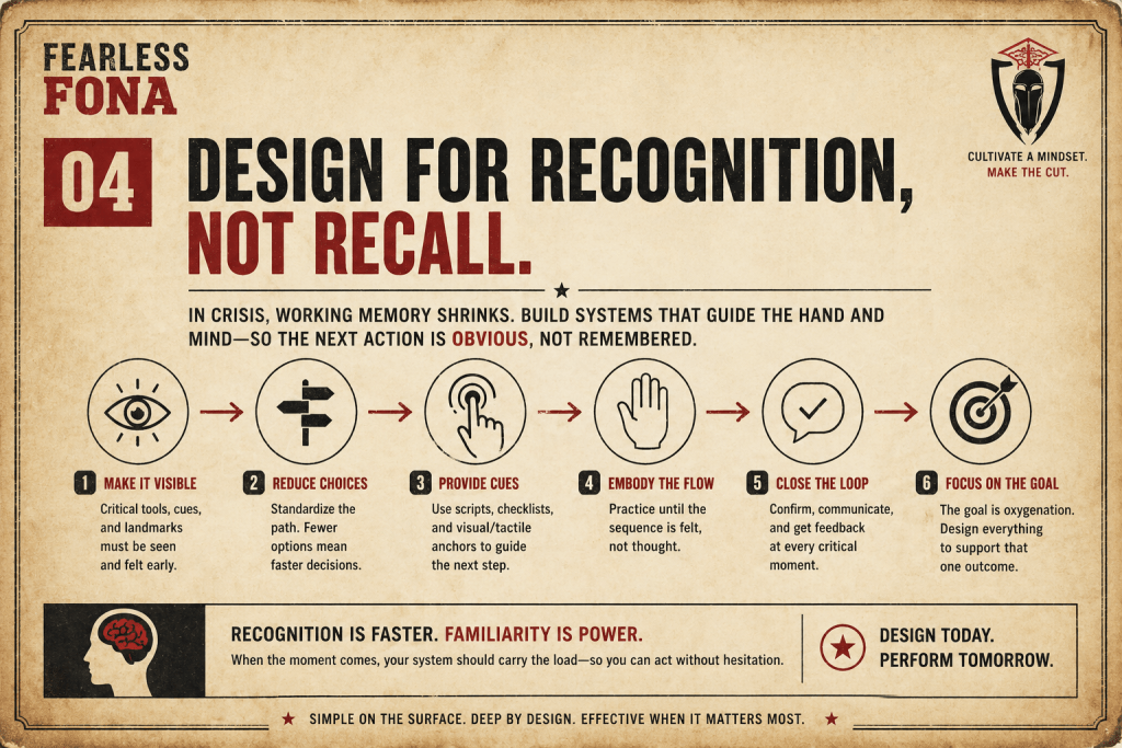 Infographic titled 'Design for Recognition, Not Recall' explaining six principles for effective design in crisis situations: Make it Visible, Reduce Choices, Provide Cues, Embody the Flow, Close the Loop, and Focus on the Goal. It emphasizes the importance of recognition over recall.