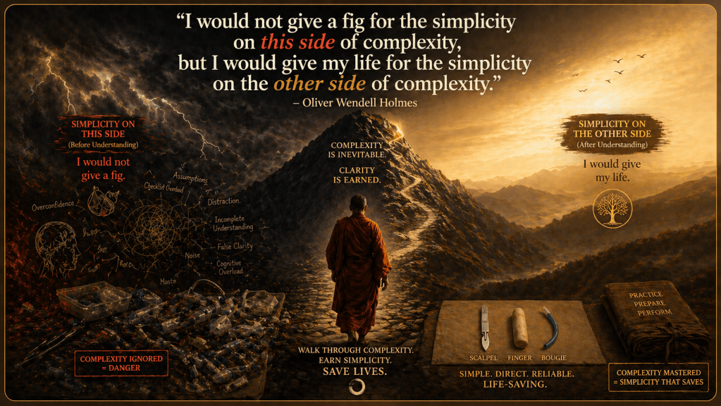 A dramatic landscape featuring a figure on a complex path, with two sides labeled 'Simplicity on this side' and 'Simplicity on the other side,' illustrating the journey from confusion to clarity. The image includes elements symbolizing overconfidence and distraction on one side and tools for practice and preparation on the other.
